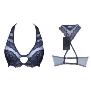 NWT Thistle and Spire Bralett Halter back Denim blue color strappy lace size 32B